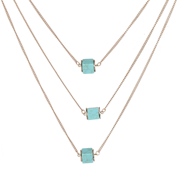

pendant necklaces light yellow gold color multi layer square green turquoises link chain necklace for women jewelry, Silver