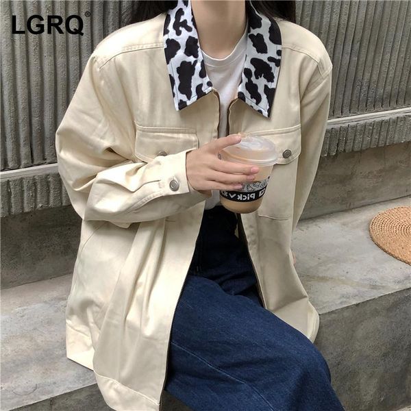 

women's jackets [lgrq] patchwork panelled cow pattern casual apricot zipper collar long sleeve woman spring autumn 2021 19d118, Black;brown