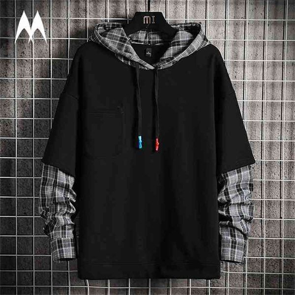 

plaid patchwork hoodie men brand harajuku hoodies men high street oversized hooded sweatshirts streetwear men clothing 210715, Black