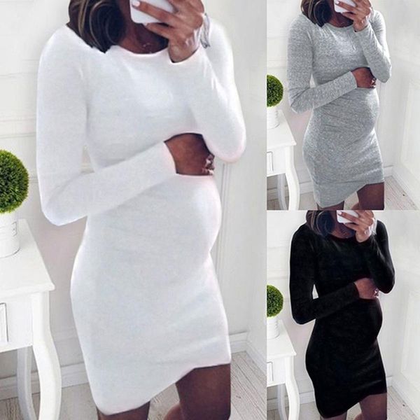 

maternity dresses pregnant women long sleeve bodycon casual dress pregnancy autumn mother home clothes, White