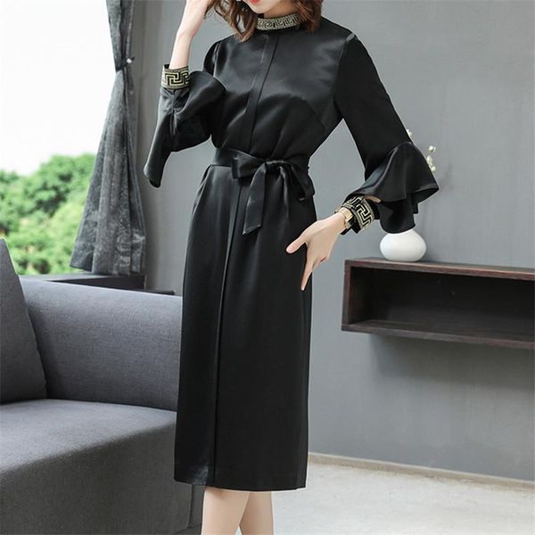 

casual dresses autumn women's dress long sleeve 2021 high-end retro stand-up collar lotus leaf draped comfortably, Black;gray