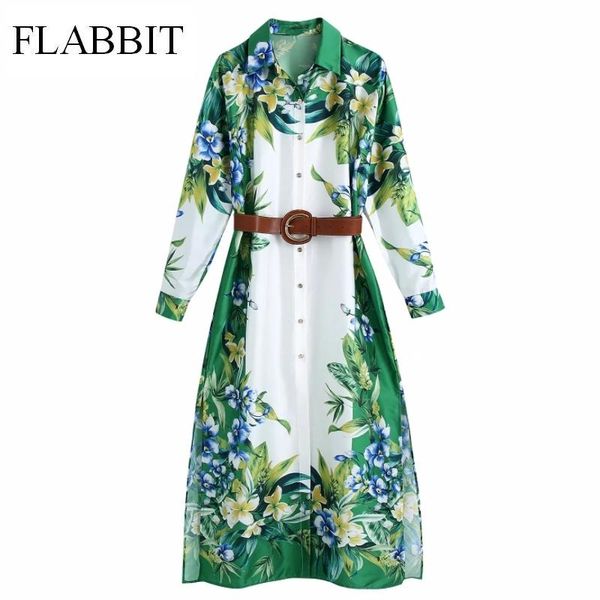 

casual dresses 2021 women fashion position green floral print midi shirt dress female long sleeve buckle sashes split vestido 8006, Black;gray