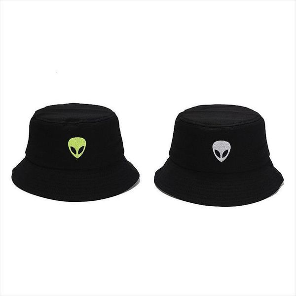 

embroidered alien foldable bucket hat outdoor sun black white street travel beach fisherman caps men and woman, Blue;gray