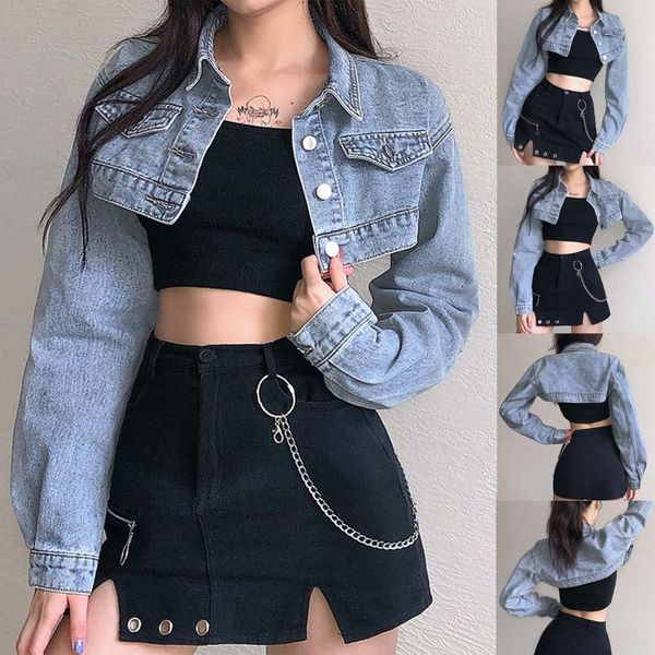 

women's jackets imcute retro washable softened denim jacket 90s fashion single-breasted lapel long sleeve short with pockets, Black;brown