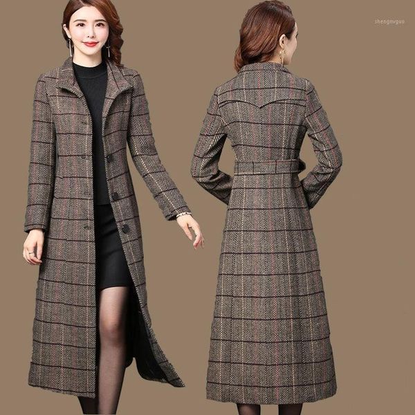 

women's wool & blends 2021 autumn winter plaid women long coat with belt elegant slim temperament outwear female warm trench, Black