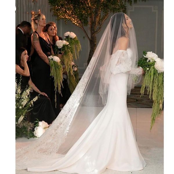 Deisgner elegante moderno plus size sereia vestidos de casamento mangas compridas fora do ombro trem varredura vestido de noiva vestidos de nov330j