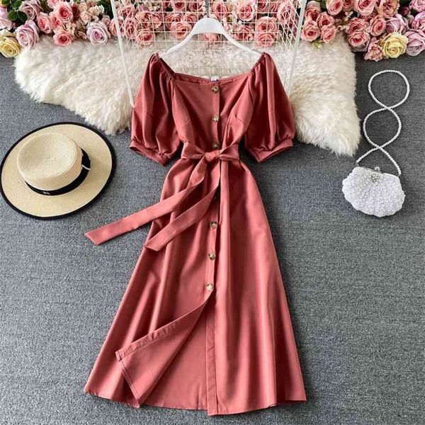 

summer fashion vestidos women's lace-up waist slimming temperament square neck puff sleeve midi dress c834 210506, Black;gray