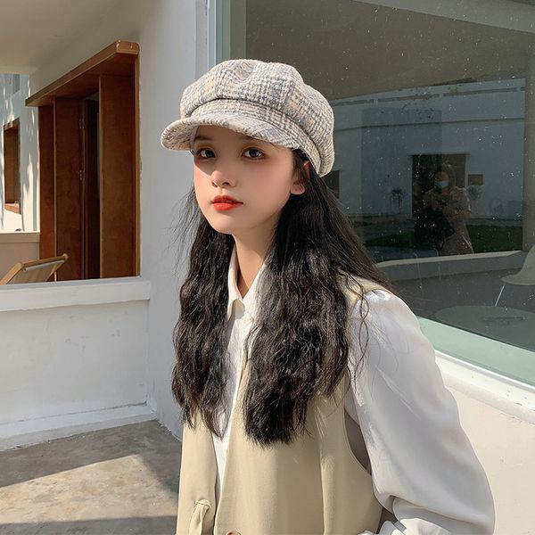 

plaid net red tweed octagonal hat women's round british u.s. fashion autumn and winter versatile face hat accessories black friday, Blue;gray