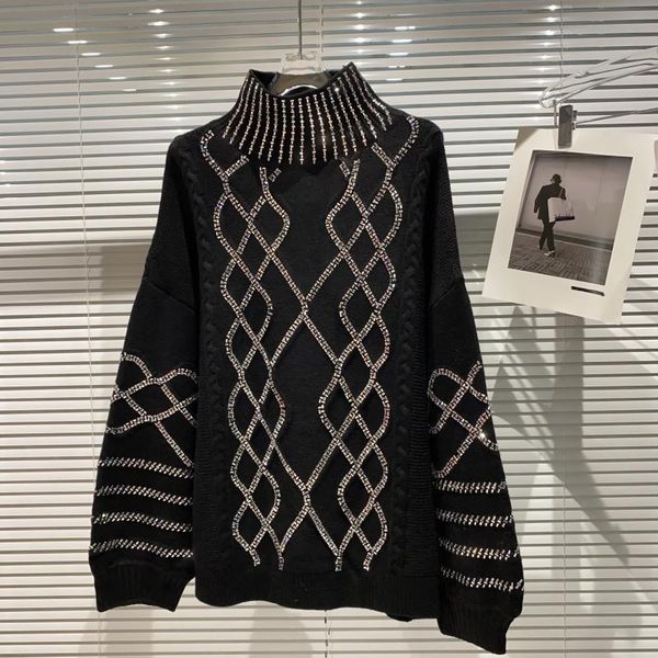 

women's sweaters rhinestone knitted womens 2021 autumn winter turtleneck warm woolen knitwear oversized pull femme white black