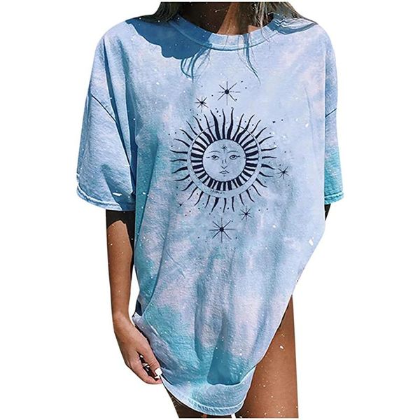 

women's t-shirt summer loose t shirt women sun moon print tees round neck short sleeve cartoon t-shirts ladies oversized tee, White