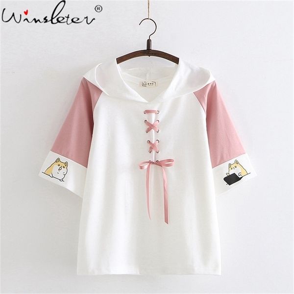 

summer cute print corgi dog sweatshirt cotton japanese loose casual patchwork lace up hooded with short sleeves c08503l 210421, Black