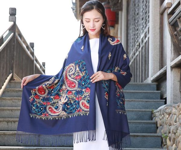 

scarves 70*200cm autumn winter embroider cashew flower scarf shawl fringed women solid brand designer bufanda mujer, Blue;gray