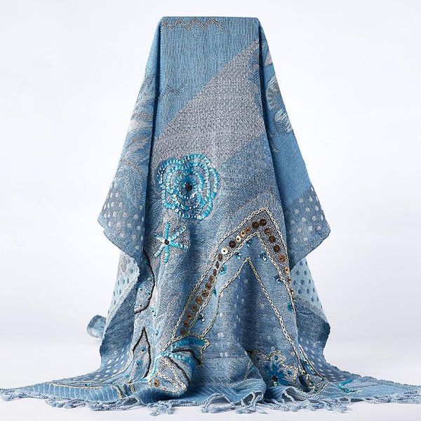 

scarves korean style 100% merino wool scarf women winter india handmade bead embroidery floral warm shawl sky blue, Blue;gray