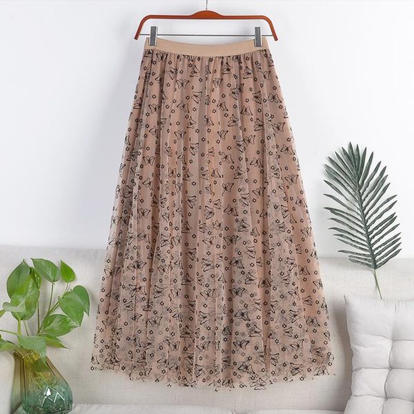 

skirts spring female high-waisted thin a-line fairy temperament double-layer mesh butterfly flocking mid-length skirt 475, Black
