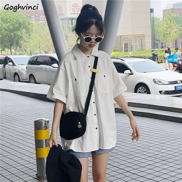 

women's blouses & shirts solid women summer half-sleeve single breasted pockets fresh simple loose all-match chic casual students ins, White
