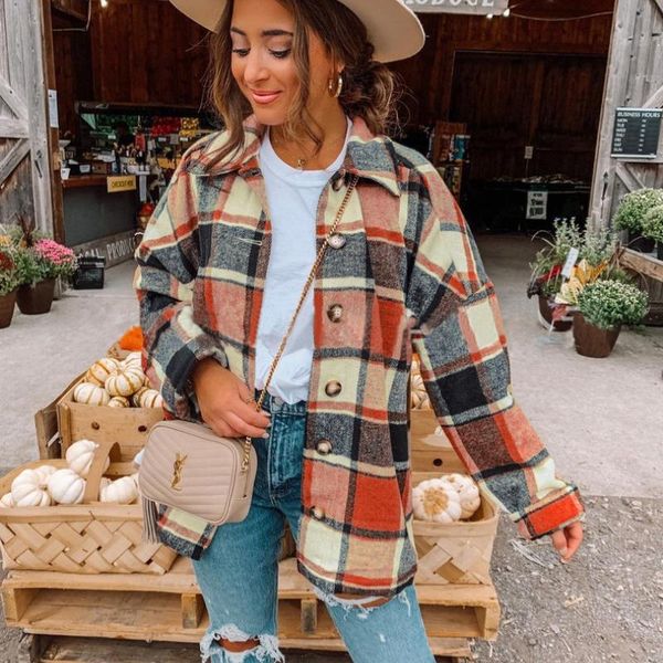 

women's wool & blends 2021ins net red autumn street europe and america long sleeve lapel loose plaid shirt medium length coat fall clot, Black