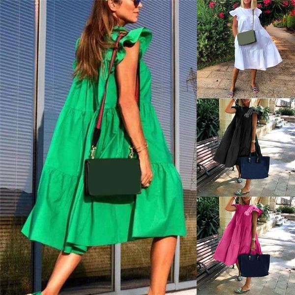 

casual dresses women dress short sleeve pleated long fashion bohemian solid loose summer white black, Black;gray