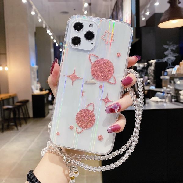 

starry sky pattern gradient aurora plating transparent tpu phone cases with bracelet for iphone 12 11 pro promax x xs max 7 8 plus