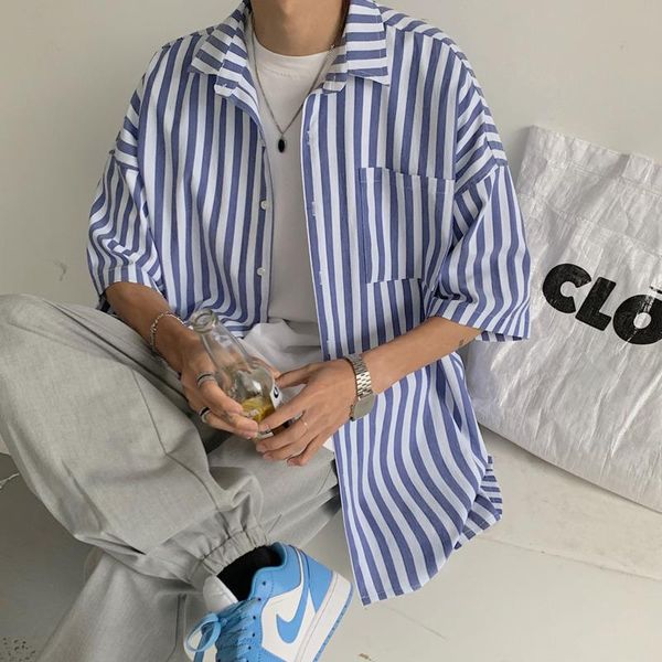 

men's casual shirts summer striped fashion loose men korean society mens dress male short-sleeved -3xl, White;black
