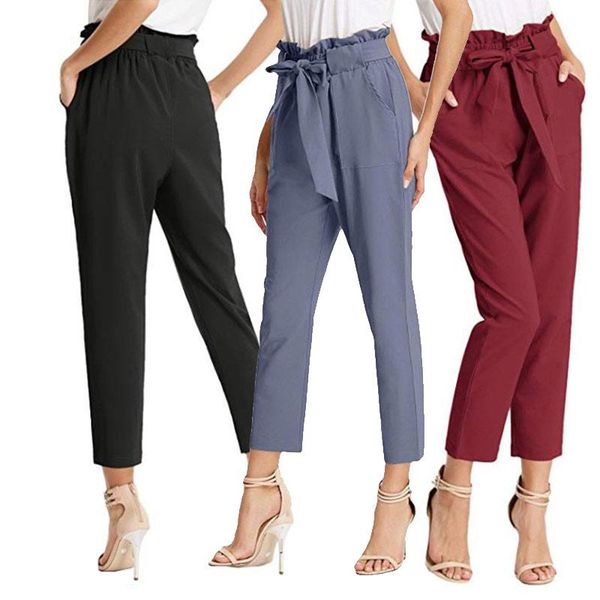 

women's pants & capris womens fashion high waist with lace-up adjustable belt casual solid color trouser gdd99, Black;white