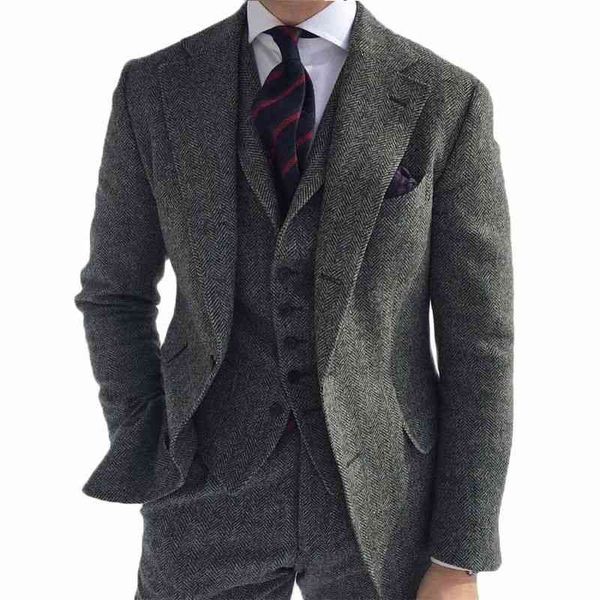 

men's suits & blazers grey winter retro groom wear wedding business party herringbone pattern tweed 3pieces(jacket+pants+vest) z5r6, White;black