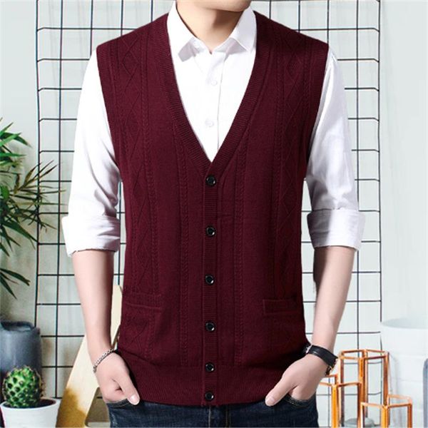 

men's vests wool vest sweater v-neck solid spacious autumn winter thick print sleeveless clothes knitted cotton casual male coat, Black;white