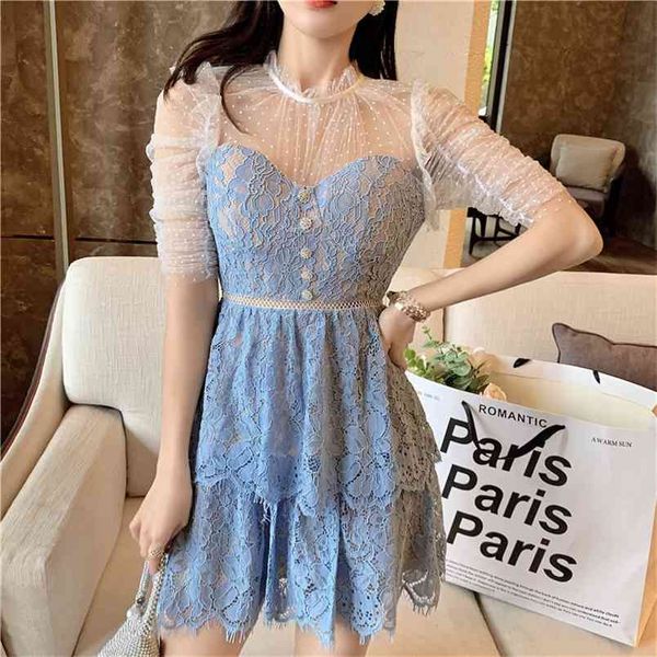 Sommerspitzenkleider Frauen Hohlauslöser Vintage Mesh Kurzarm Mode hohe Taille Slim Beach Mini Kleid Frauen Vestidos 210519