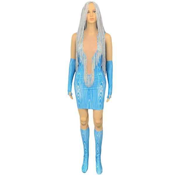 

casual dresses party rhinestone tassel bodycon dress women prom fringes with gloves stocking headdress nightclub singer outfit sets, Black;gray