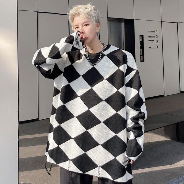 

men's sweaters clothing sweater 2021 winter loose hole diamonds plaid all-match vintage oversize kintted round collar pullover, White;black