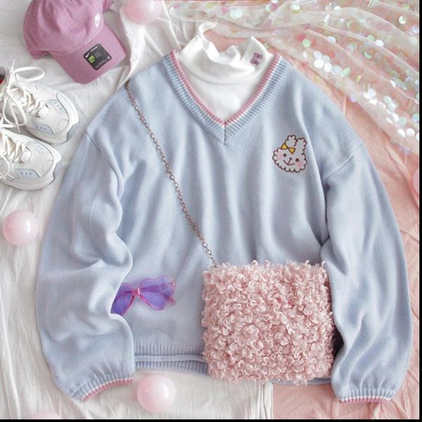 

harajuku women sweaters womens sweater cute knit winter long sleeves pullover v neck soft warm female, White;black