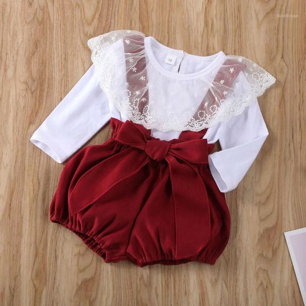 

clothing sets xmas born baby girls clothes lace long-sleeved yarn lotus leaf + strap shorts overalls autumn1, White