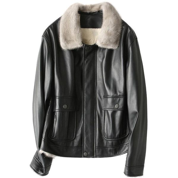 

women's leather & faux boollili genuine jacket women winter sheepskin coat for collar short down jacekt, Black