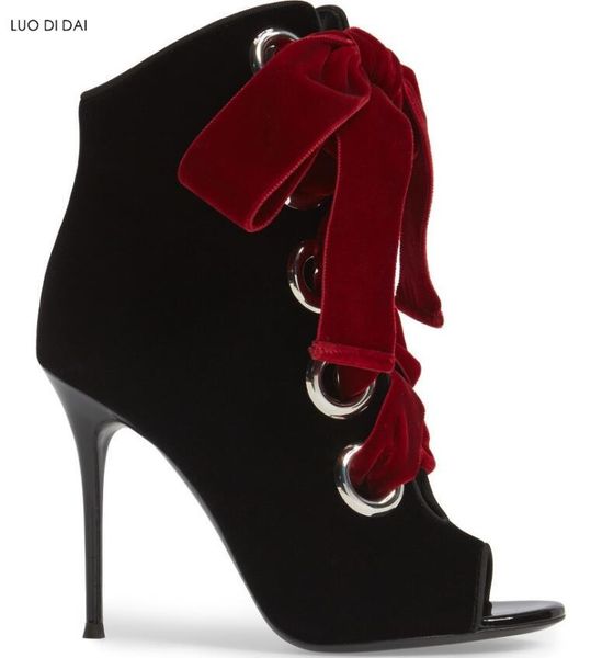 

boots 2021 women thin heel peep toe party shoes velvet lace up ankle dress summer gladiator booties, Black