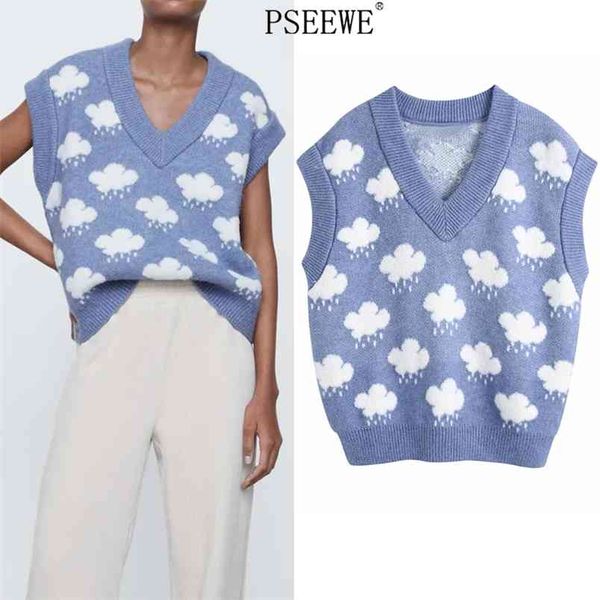 

blue jacquard knitted sweater vest women winter cute v neck sleeveless woman rib knit female waistcoats 210519, White;black