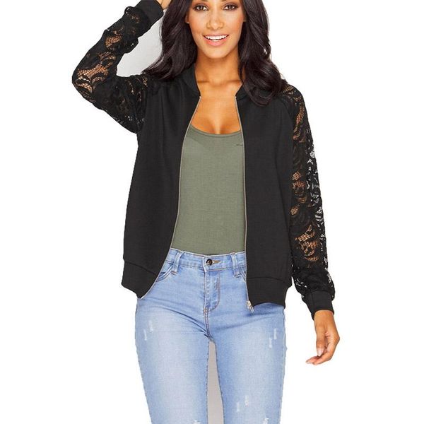 

women lace sleeve basic coats long patchwork transparent zipper casual slim jacket coat bomber outwear women's jackets, Black;brown