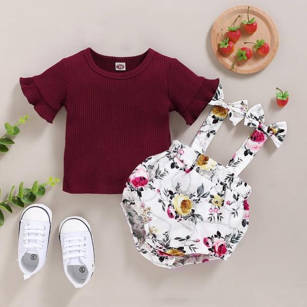 

clothing sets baby girl summer solid color trumpet sleeve + printed sling suit casual cotton 2-piece born, White