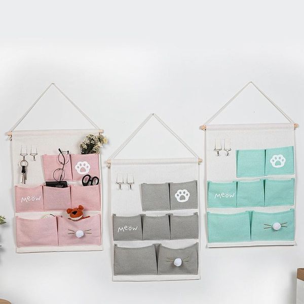 

cartoons 7 pockets wall hanging storage bags cotton linen door organizer waterproof pouch bedroom home decoration boxes & bins