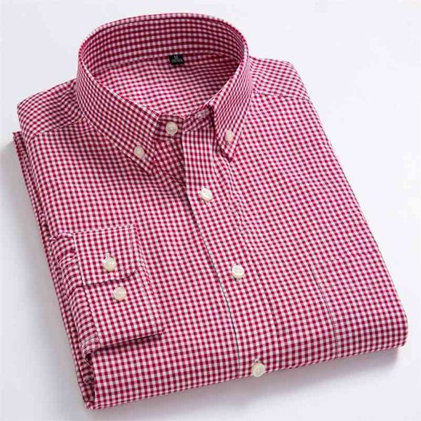 Masculinas padrão de manga longa-chave de manga longa camisa de remendo fina fina macia 100% algodão branco / linhas vermelhas verificadas xadrez camisa casual 210708
