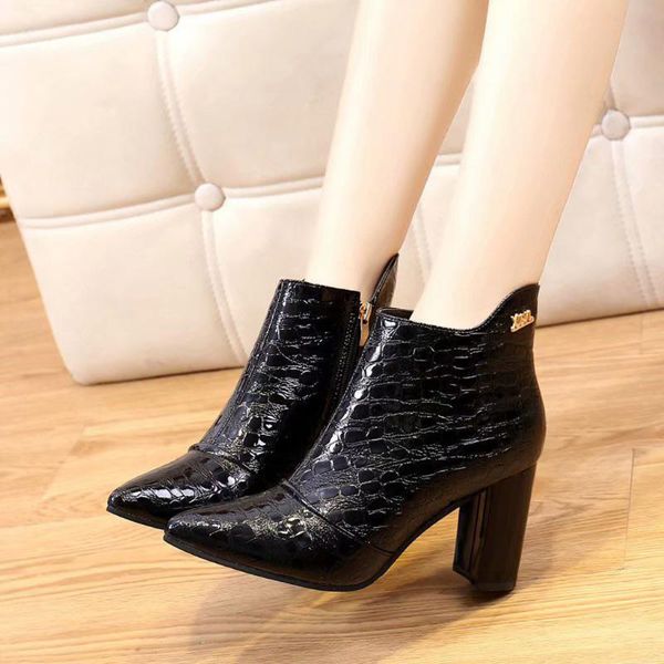 

boots nice leather short womens fashion shoes pointed toe high square root heels ladies side zipper bare, Black