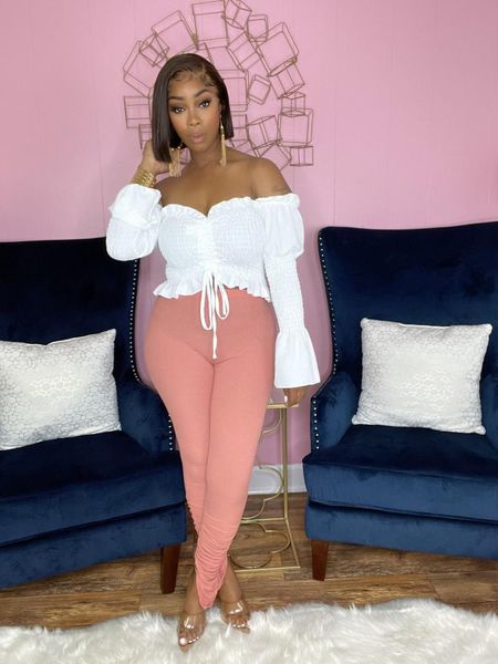 

women's blouses & shirts women summer one-shoulder drawstring shirt casual solid long sleeve lace slim crop top, White