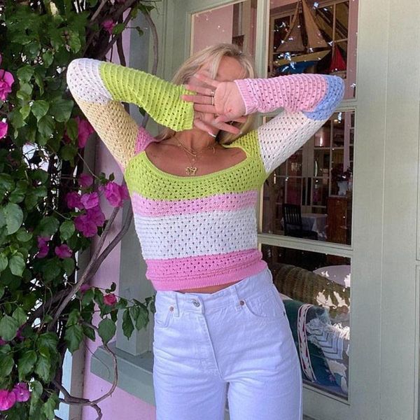 

women's sweaters y2k autumn hollow out 90s knitting women long sleeve crop fashion vintage female patchwork casual t shirts, White;black