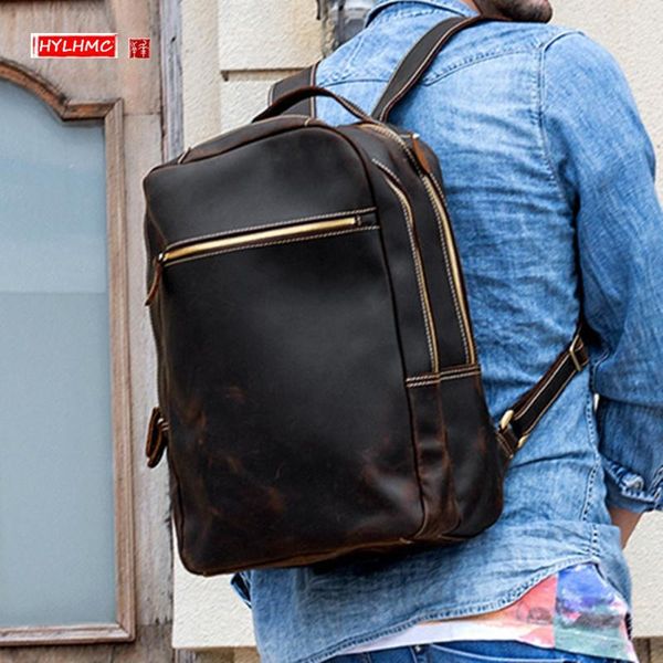 

backpack real genuine leather men's men travel lapbag casual male durable crazy horse shoudler bags