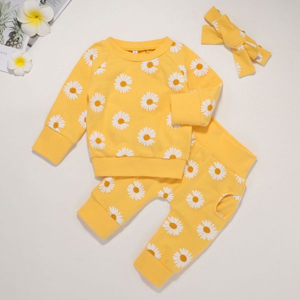 

children sweater autumn suit bow light yellow daisy printing three piece, White