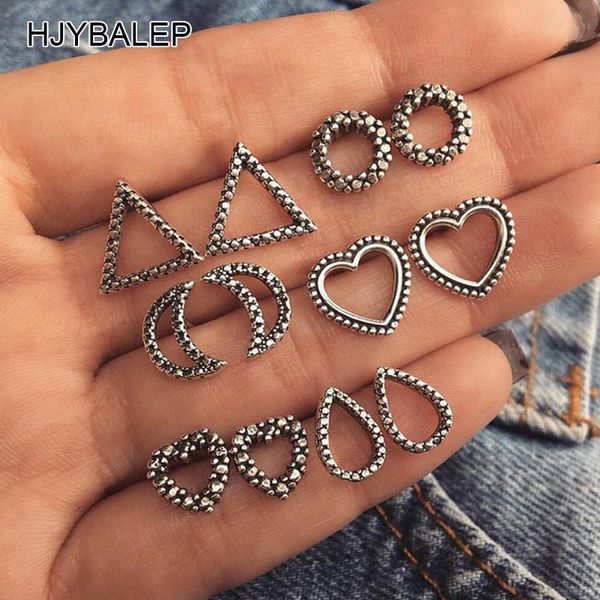 

stud 6 pairs/set heart moon triangle earrings for women vintage beach geometry d'oreille jewelry sp-0618, Golden;silver