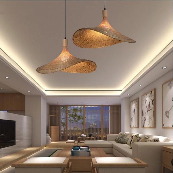 

modern hand woven bamboo lamp restaurant pot el family living room attic retro personalized straw hat decorative pendant lamps