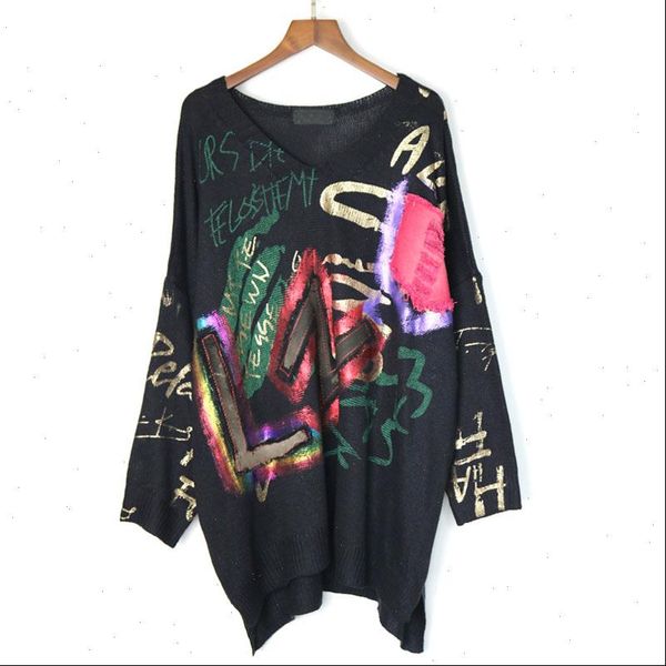 

womens sweater letter pattern thick knitted women fashion autumn winter elegant v neck irregular personality casual top, White;black