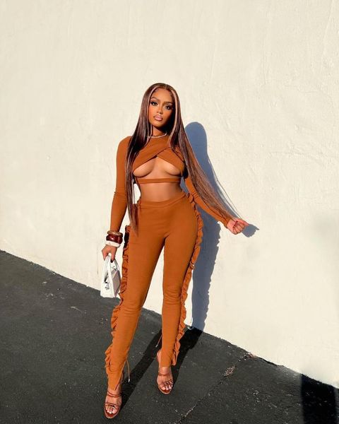 

women's two piece pants holiday evening party outfits women suits set long sleeve hollow out crop side tassel trousers fall, White