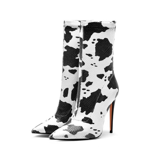 

boots women f/w ankle cow pattern pointed toe stiletto heel booties, Black