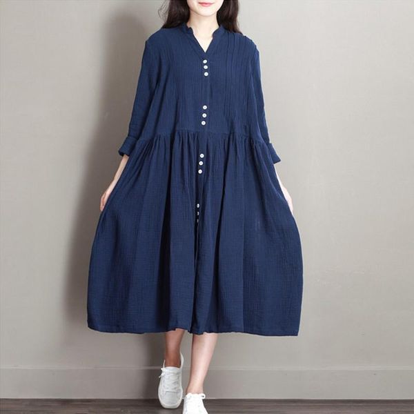 

casual dresses long sleeve vintage cotton linen dress women blue/white 2021 summer oversized mid-calf plus size big hem stand neck draped, Black;gray