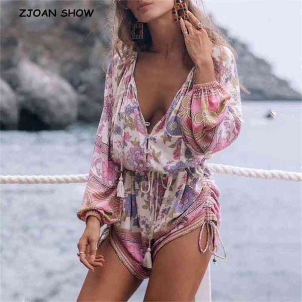 

bohemian lace up o neck pink floral print bodysuits women elastic long sleeve short pants jumpsuits romper overalls holiday 210429, Black;white